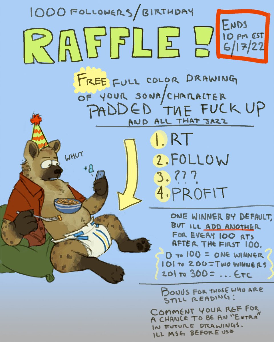 Thanks for 1000!
I've only been here for a week. Ya'll are whack.
My birthday was Saturday so I'm gonna choose to take ya'lls whackness as a gift. Ty hee hee. 
In return I present... THIS. A RAFFLE. WHOO!
Ends 10 pm EST 6/17/22
Read the whole thing ;)