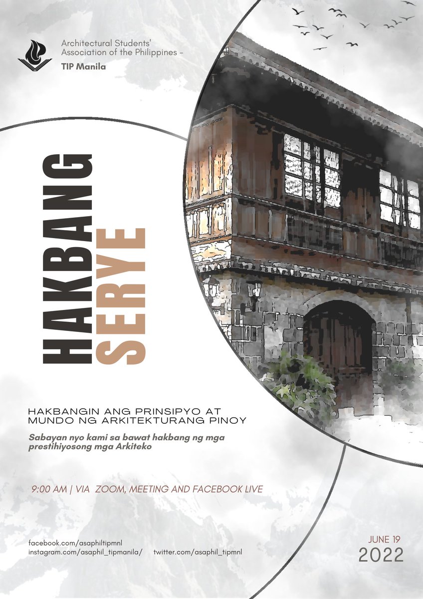 asaphil_tipmnl's tweet photo. 𝐀𝐒𝐀𝐏𝐇𝐈𝐋 𝐓𝐈𝐏 𝐌𝐚𝐧𝐢𝐥𝐚 presents to you an online workshop entitled "HAKBANG SERYE: Hakbanging ang Prinsipyo at Mundo ng Arkitekturang Pinoy" 

Know more about the laws, ergonomics and proper planning for hospital design, airport design, housing, and agriculture design https://t.co/mBt68moGxS