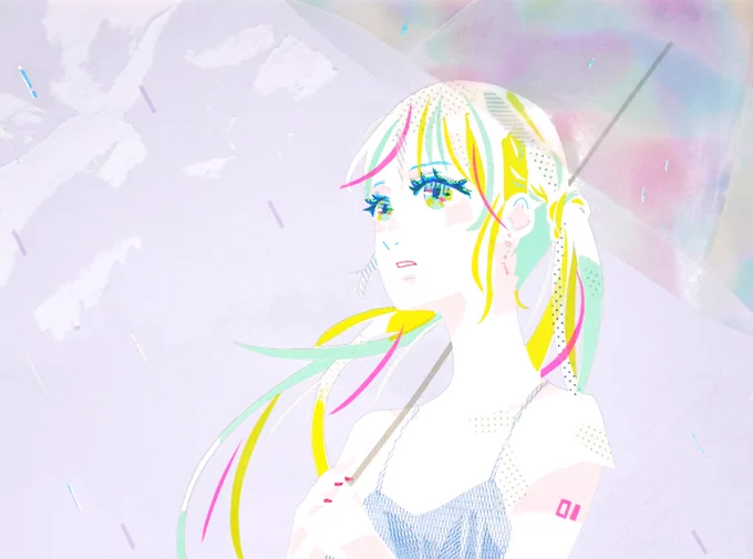 オーロラ色の傘とミク #初音ミク #アナログイラスト #マステ絵 #マスキングテープ