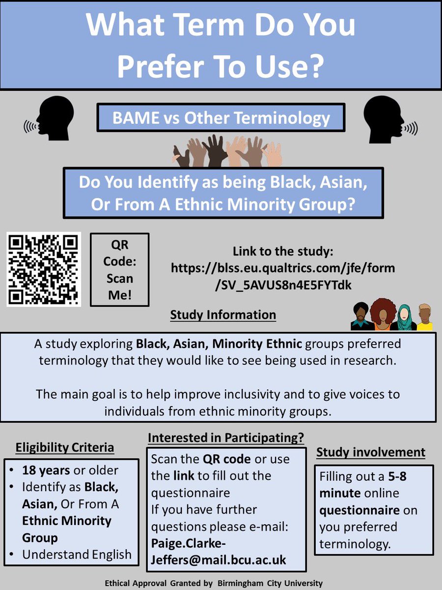 Looking for 15 participants! Got a spare 3-5mins 👀 If you identify as Black, Asian or Mixed heritage please take part in my online questionnaire. blss.eu.qualtrics.com/jfe/form/SV_5A… Share with your friends and family. Thank you in advance. @BPSWestMids @Athfah_A