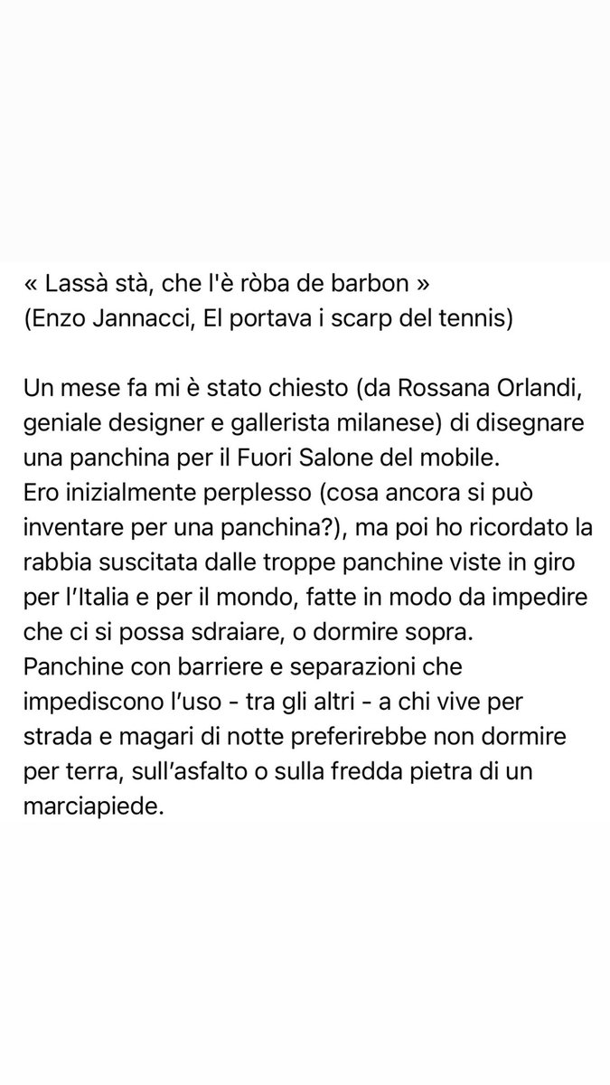 StefanoBoeri's tweet photo. A proposito del progetto di una panchina senza barriere e di chi preferisce la polemica al pensiero. https://t.co/AFvDfNdxVX