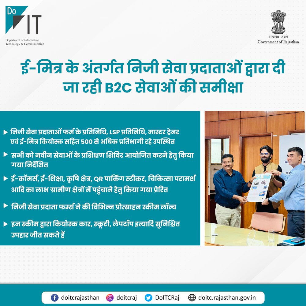 DoITCRaj's tweet photo. ई-मित्र परियोजना के अंतर्गत निजी सेवा प्रदाताओं द्वारा उपलब्ध करवाई जा रही B2C सेवाओं की समीक्षा बैठक का आयोजन किया गया। बैठक में निजी सेवा प्रदाता फर्म्स ने विभिन्न प्रोत्साहन स्कीम्स को लॉन्च किया, जिसके अंतर्गत कियोस्क कार, स्कूटी, लैपटॉप इत्यादि सुनिश्चित उपहार जीत सकते हैं। https://t.co/gesKp40GMc