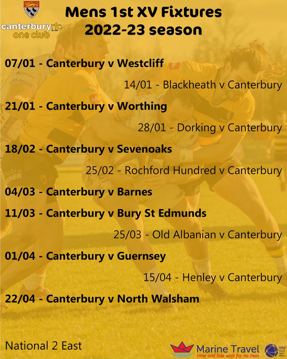 cantrugby's tweet photo. 📢FIXTURES ANNOUNCEMENT📢
Save the dates, the new season is just around the corner!
Come support our headline-making first teams, with some great weekends of rugby guaranteed at the Marine Travel Ground. #RugbyFixtures #Nat2E #Championship2SE #KentRugby https://t.co/WzAOlz6Ydo