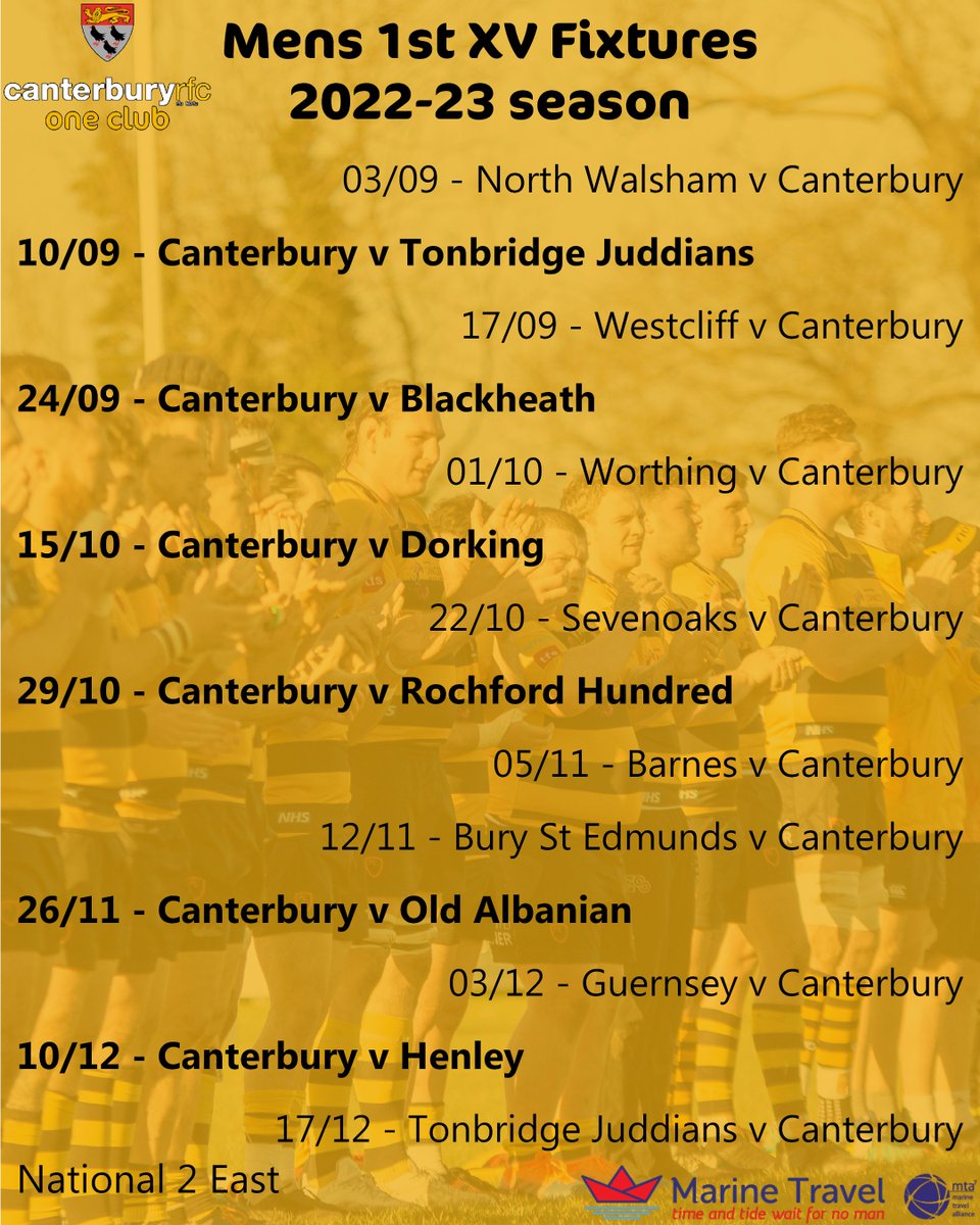 cantrugby's tweet photo. 📢FIXTURES ANNOUNCEMENT📢
Save the dates, the new season is just around the corner!
Come support our headline-making first teams, with some great weekends of rugby guaranteed at the Marine Travel Ground. #RugbyFixtures #Nat2E #Championship2SE #KentRugby https://t.co/WzAOlz6Ydo