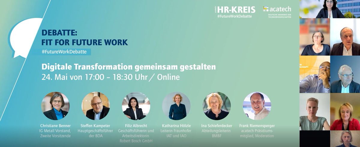 Mit der #FutureWorkDebatte hat der #HR-Kreis von acatech ein neues Format gestartet. Ein längerer Nachbericht zur Auftaktveranstaltung am 24.5. mit O-Tönen der Beteiligten sowie ein Mitschnitt der virtuellen Debatte finden sich unter: acatech.de/allgemein/hr-k… #DigitalCulture