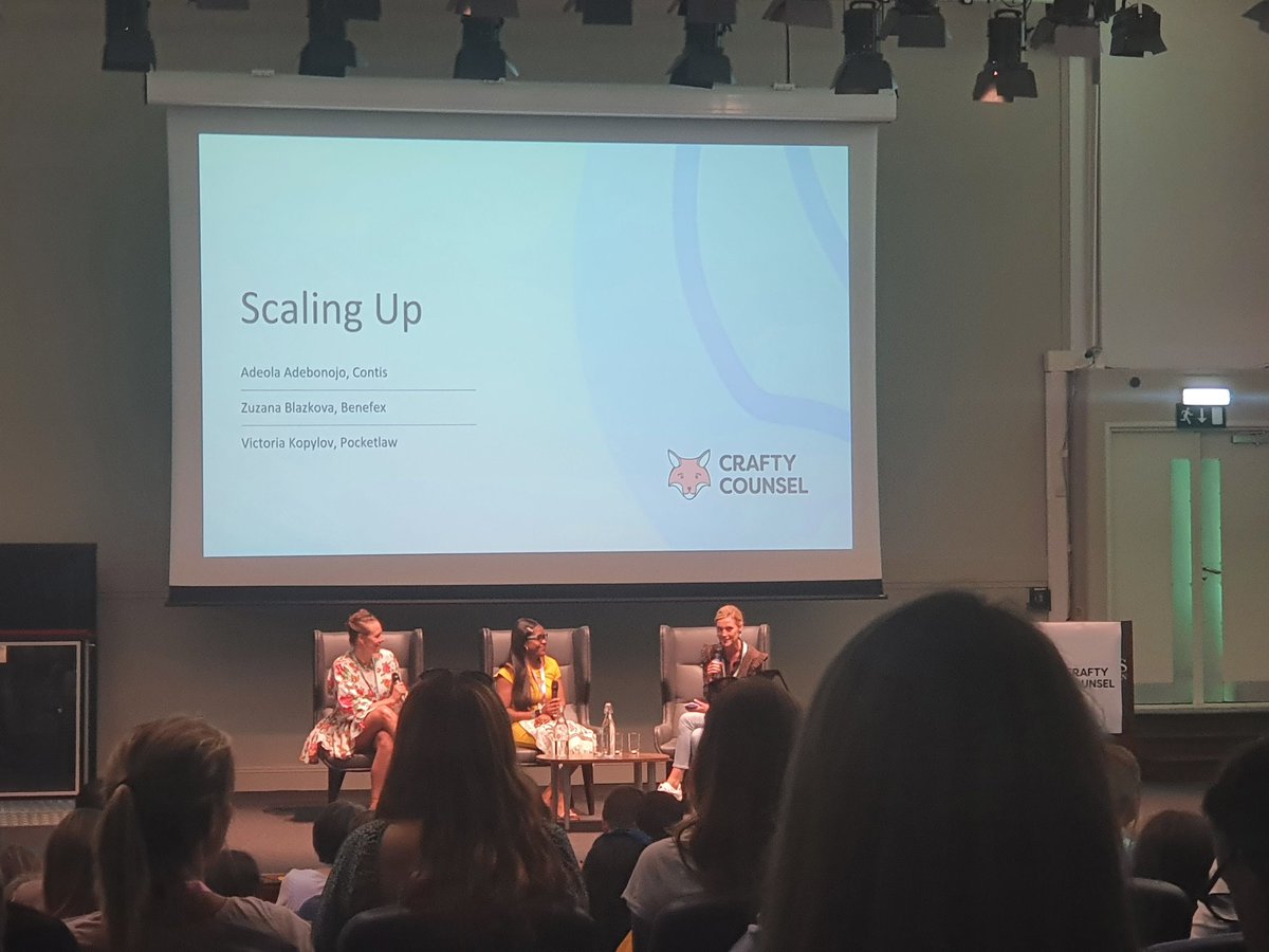 ReneeNGraham's tweet photo. Onto the second session of the morning, "Scaling up" featuring speakers Adeola Adenbonojo @Contis_, Zuzana Blazkova, @hellobenefex and Victoria Kopylov, @PocketLaw_SE, @Pocketlaw_UK @CraftyCounselHQ #CraftyFest2022 #CraftyFest https://t.co/bOu6B5dTuS