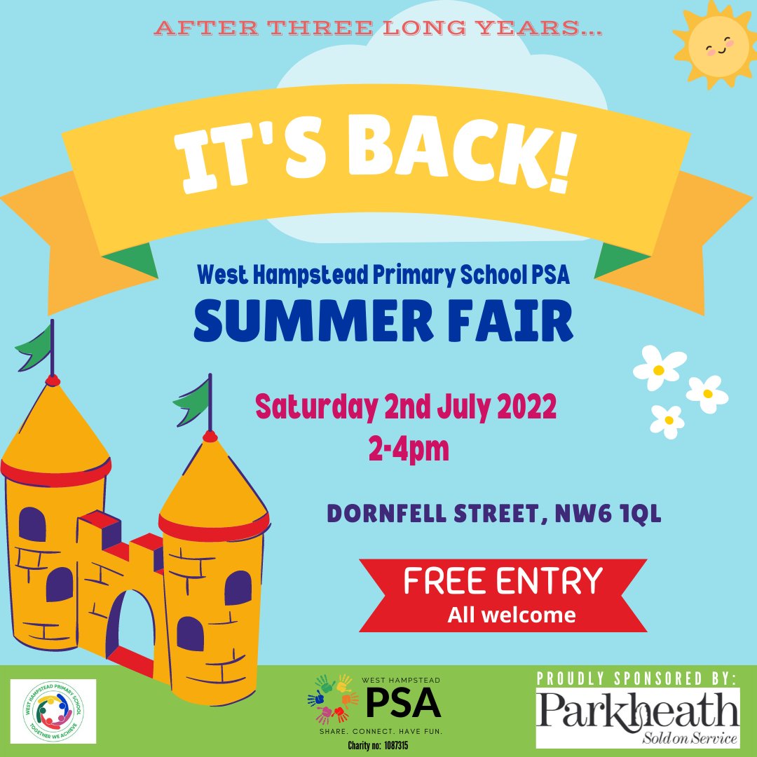 WestHampPSA's tweet photo. It's back!
#savethedate #westhampsteadPSA #westhampPSA #summerfair #eventofthesummer #sat2jul #markyourcalendars #itsback #raffle #opentoall #bouncycastles #facepaint #slushies #games #tombola #whps https://t.co/sEg1f17KIz