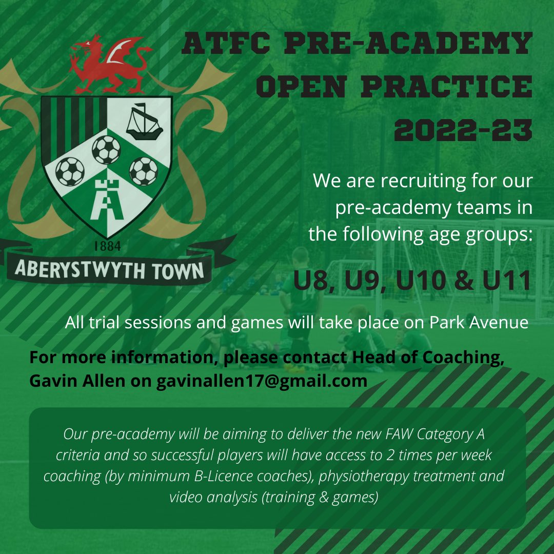 OUR <a href="/AberystwythTown/">CPD Tref Aberystwyth Town FC</a> PRE-ACADEMY ARE RECRUITING 📣⬇️ 

Trial dates for each age group as follows:

U8 &amp; U9 03.07 10:00-11:30
U10 &amp; U11 03.07 12:00-13:30

#AberAsOne #Seasiders