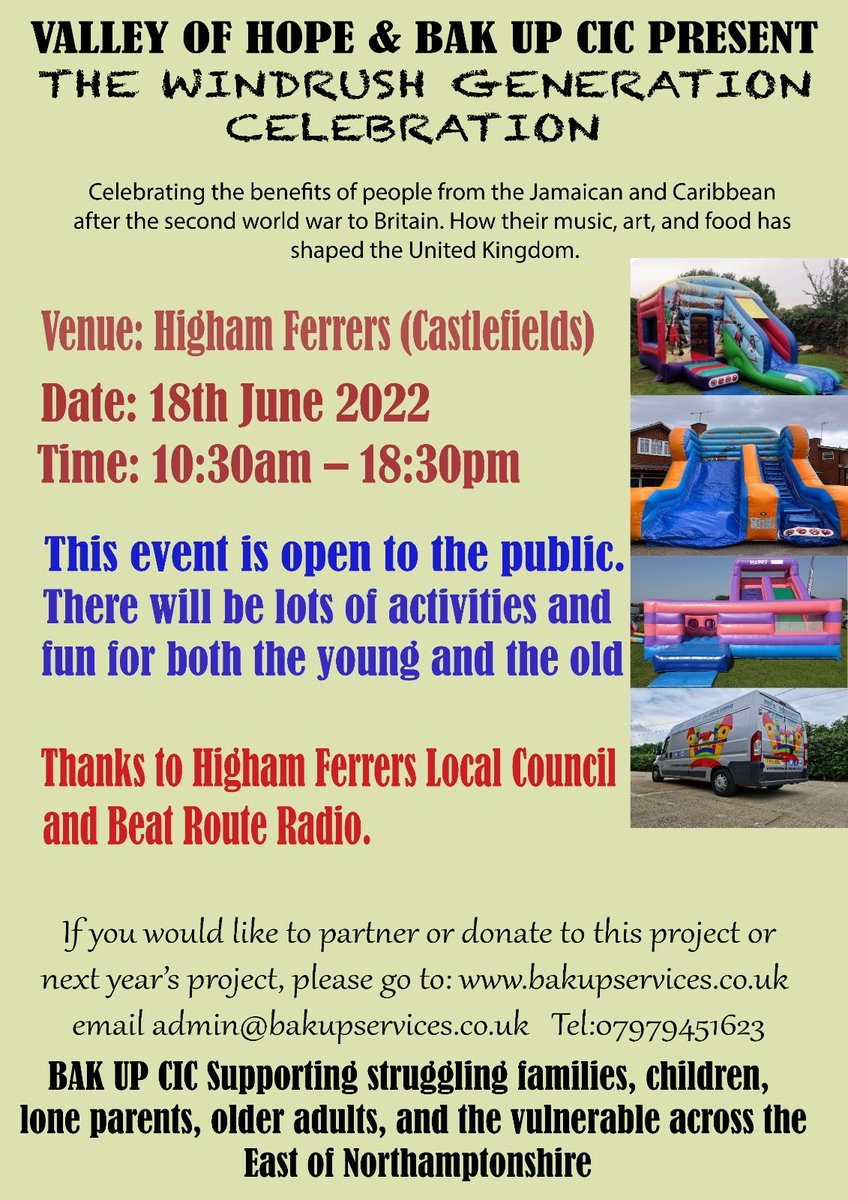 NorthantsBCT's tweet photo. Backup CIC are holding a Windrush Generation Celebration on Saturday 18th of June at the Castlefield in Higham Ferrers, from 10.30am - 6.30pm
#NBCT #BlackCommunitiesTogether #Organisation #Event https://t.co/NYZabaUja4