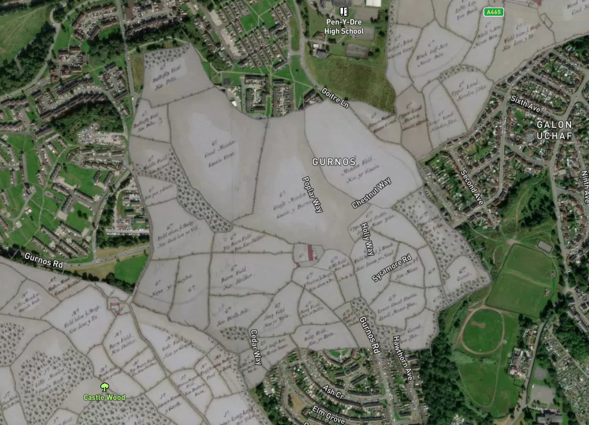 PlymouthMaps's tweet photo. DPL/2 features maps of patchwork fields in what is presently Merthyr Tydfil
Map 1 shows the area around Morlais Castle aligning with the Castle Golf Club while Map 6, completely rural in 1766, corresponds with Gurnos with Prince Charles Hospital lying in field G5 the Great Meadow https://t.co/KvICQYSqbW