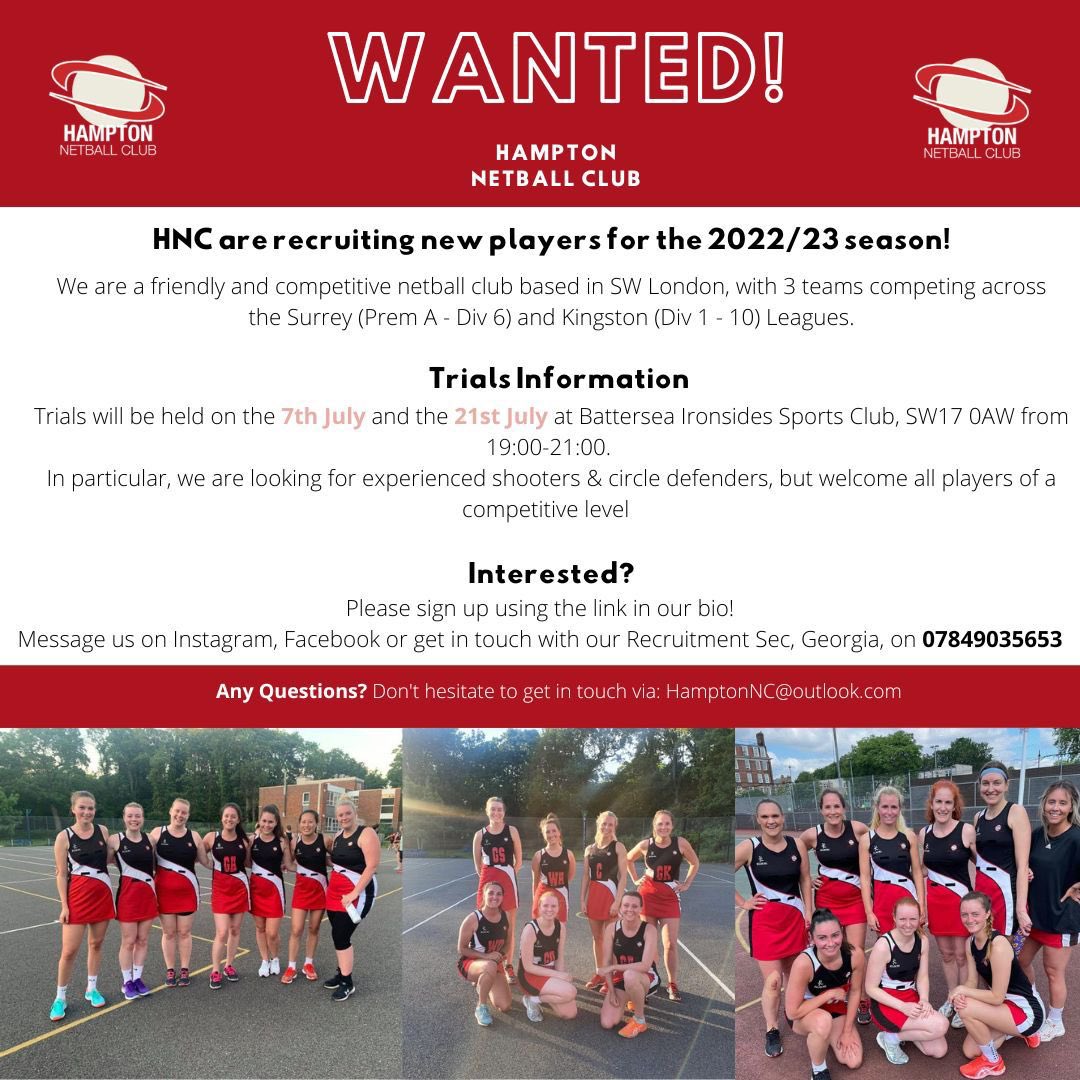 NetballinSurrey's tweet photo. @HamptonNetball are recruiting! Are you based in SW London and want to play for a competitive but fun and friendly team?

For more info get in touch on their socials or message recruitment sec Georgia on the number below! 👇🏻 https://t.co/wE0TlO5vlu
