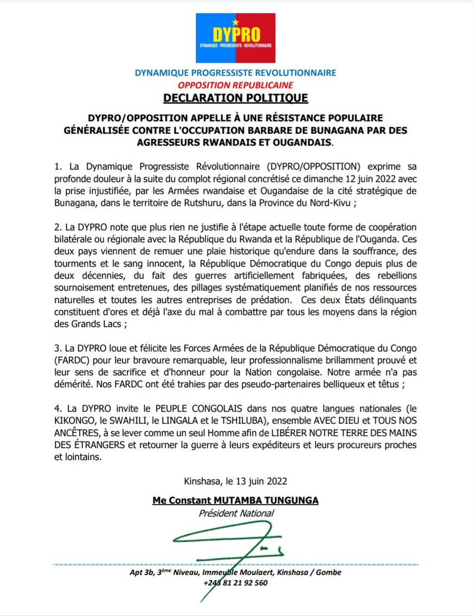 ivanndala01's tweet image. #RDC_RWANDA : Le #DYPRO dénonce un " complot régional concrétisé...avec la prise injustifiée par les armées rwandaise et ougandaise de la cité stratégique de #BUnagana " @ConstantMutamba @JosephMabiti1 @ChristopheLutu2 @VincentKarega