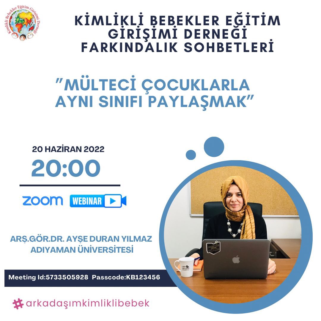 Herkese Merhabalar🙋🏾‍♀️🙋🏼‍♂️🌎 
”Kimlikli Bebekler Eğitim Girişimi Derneği Farkındalık Sohbetleri” kapsamında 
Dünya Mülteciler Günü’ne özel gerçekleştireceğimiz “Mülteci Çocuklarla Aynı Sınıfı Paylaşmak” başlıklı zoom webinarımıza bekliyoruz 🍀✨

forms.gle/K7CjskFUDF2RCD…