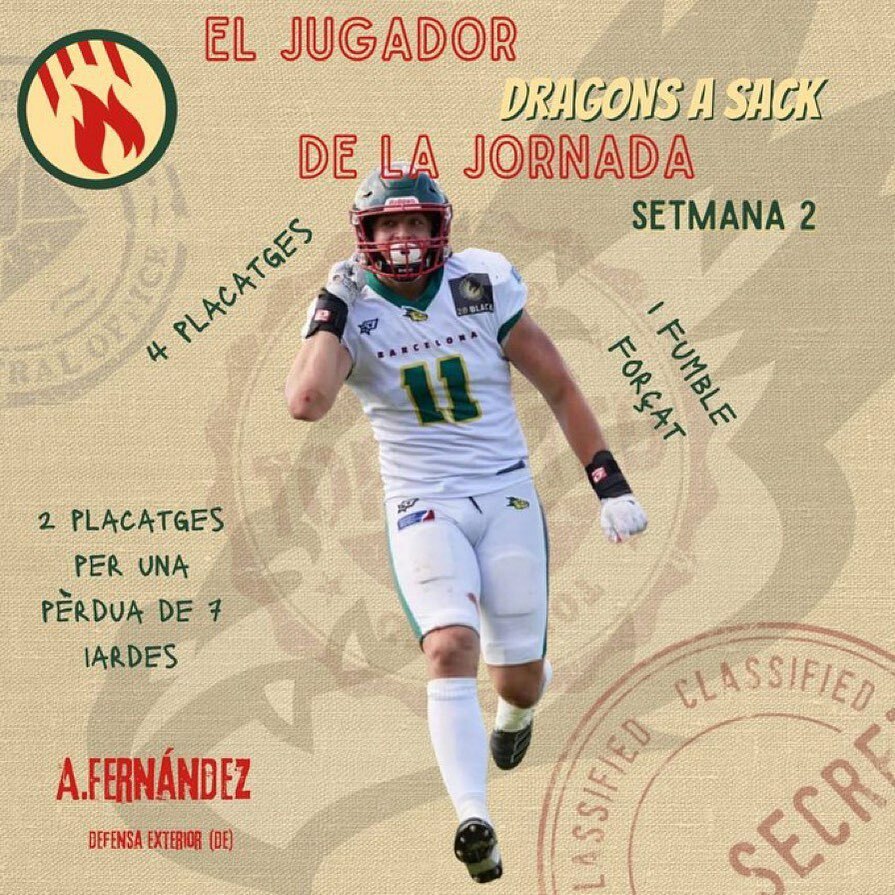 NFLaSack's tweet photo. El #JugadorASack d'aquesta setmana és...
Alejandro "La Rubia" Fernández 🔥
#ELFdesdePonent🐌 #Dragoners🐲 #Sackersime https://t.co/XCJXxRQrcH https://t.co/frOg2WDwTP