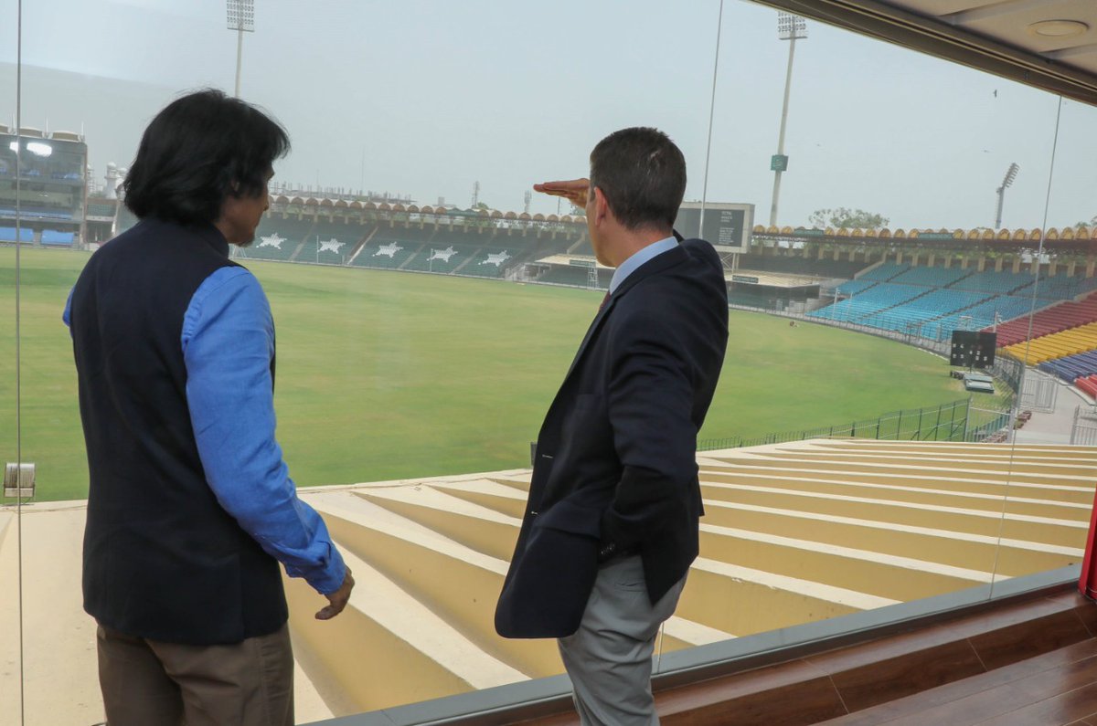 OJuttSaab's tweet photo. British High Commissioner Christian Turner met PCB Chairman Ramiz Raja at the Pakistan cricket headquarters in Lahore to discuss this autumn’s England cricket teams’ tours to Pakistan. England will play seven T20Is in September and three Tests in November/December. https://t.co/Z58yFdoo2x