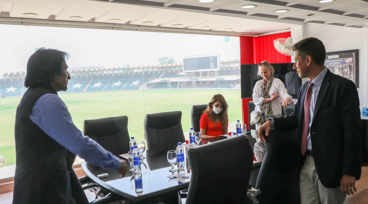 OJuttSaab's tweet photo. British High Commissioner Christian Turner met PCB Chairman Ramiz Raja at the Pakistan cricket headquarters in Lahore to discuss this autumn’s England cricket teams’ tours to Pakistan. England will play seven T20Is in September and three Tests in November/December. https://t.co/Z58yFdoo2x