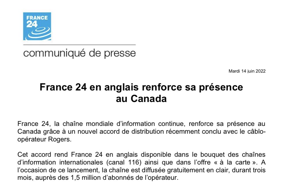 MattiaAT's tweet photo. 🇨🇦 @France24_en renforce sa présence au #Canada

📡 La chaîne est désormais distribuée par le câblo-opérateur @Rogers

📺 A l’occasion de ce lancement, @France24_en est diffusée gratuitement durant 3 mois auprès des 1,5 millions d’abonnés de l’opérateur 

#F24 https://t.co/lSN4P3YhzJ