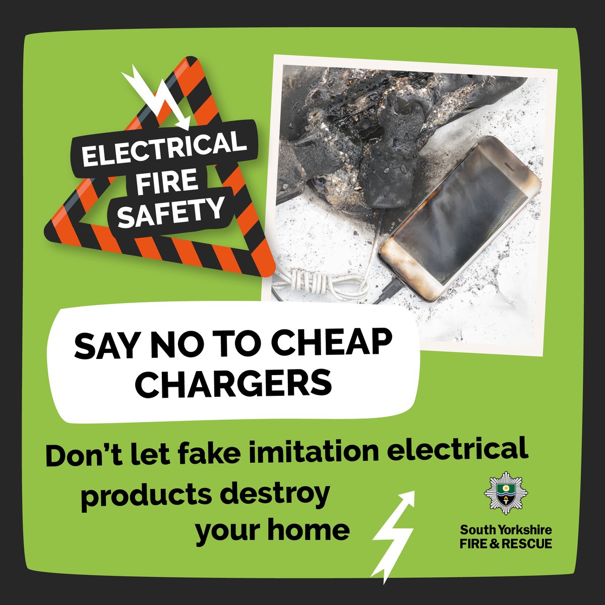 SYFR's tweet photo. As part of our #ElectricalFireSafety campaign and the @NFCC_FireChiefs #HomeSafetyWeek, we're offering out some top tips to reduce your fire risk. 

Here's a big one - don't buy cheap electrical goods. They often don't meet safety standards and are prone to exploding. https://t.co/IZcmGOccKZ