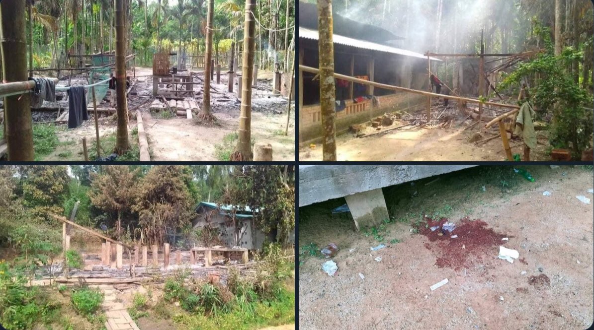 Thihanyi2's tweet photo. The clash broke out between Pulaw-PDF joint forces and Military Council troops at at 6am this morning, killing a PDF comrade.SAC forces set fire to seven houses and four motorbikes in KyaungNyaunt village.  #2022Jun14Coup #WhatsHappeningInMyanmar https://t.co/HcirHebVhf