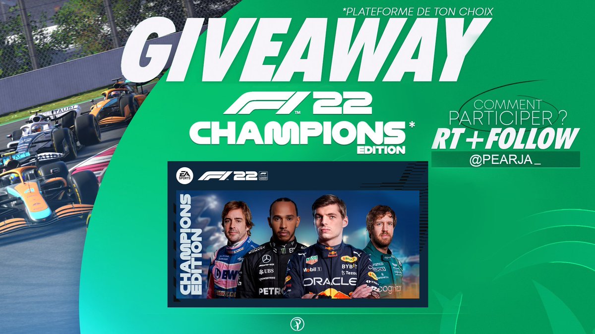 Pearja_'s tweet photo. 🎁 Giveaway / Concours 

Hello plus que 2 semaines avant la sortie de F1 22 🔥

Donc petit concours pour gagner un F1 22 édition Champions sur la plateforme de ton choix 🎉

↪️ Pour participer RT ce tweet + follow : @Pearja_ 
🗓️ Tirage au sort le 28 Juin

Bonne chance à tous 🍐 https://t.co/cuv52EngyO