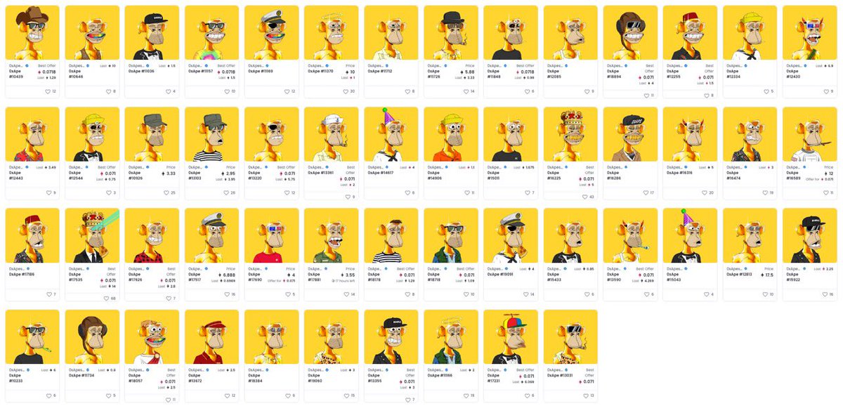 I am hoping to buy another gold <a href="/0xApes_NFT/">0xApes</a> before TRIBE launches but these mfers just aren’t folding 😂 

At the time of writing, only 8 out of the 52 GOLD apes are for sale; 2.95, 3.33, 4, 5.88, 6.88, 10, 12, 17.5. Lfg shiny mfers 💎👏