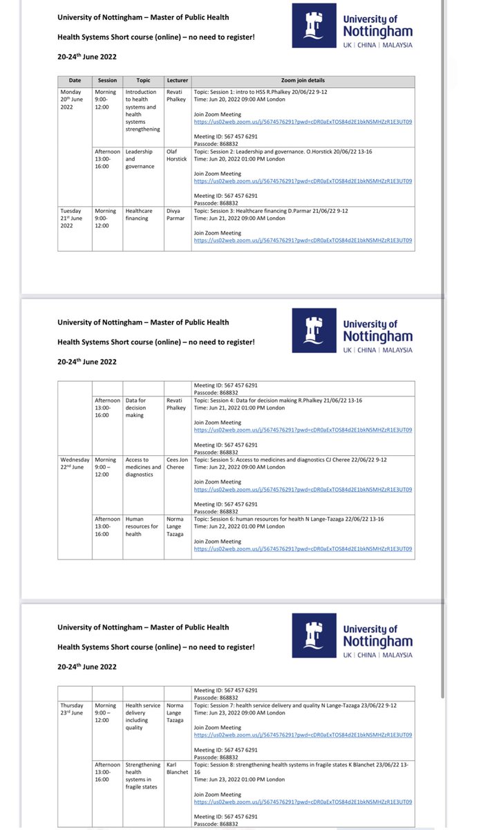 We are running a free online global health systems short course next week on zoom. Everyone is welcome, no registration, CPD certificates available. Please share widely with friends, colleagues and students. We look forward to seeing lots of you there. Timetable of sessions 👇