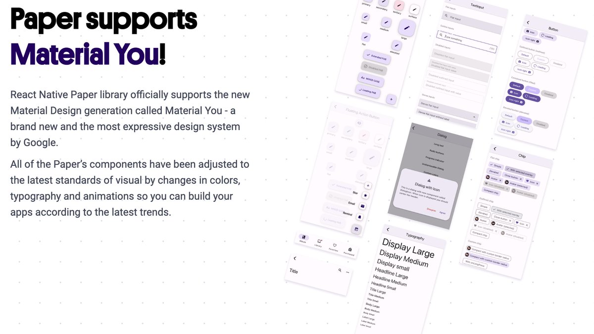 What’s brewing? Material You for React Native!

✅Visually refined components – revamped theming and typography
✅Expanded component modes
✅API changes for greater prop consistency
✅MD v2 compatibility

Install the latest RC and make sure to follow the migration guide ⬇️