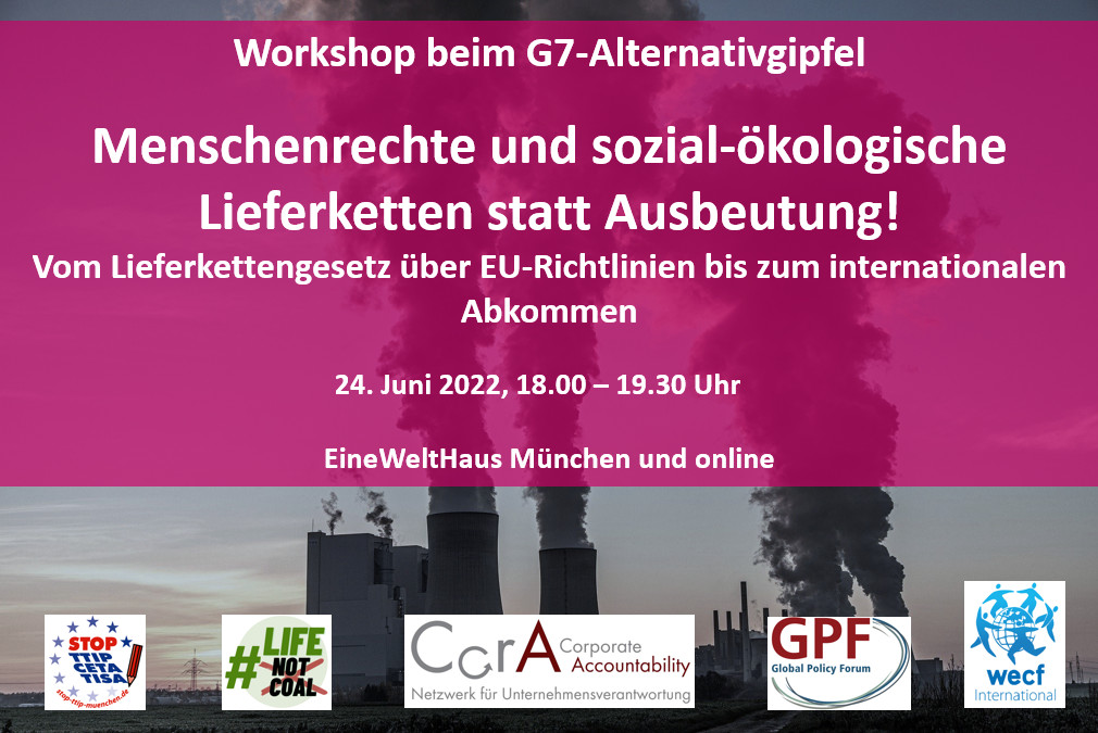 globalpolicy's tweet photo. Save the Date: Workshop beim #G7 -Alternativgipfel mit @CortsGina ( #LifeNotCoal ), @MarenLeifker (@Brot_fuerdieWelt), @MdB_Schreiber (Bündnis gerechter Welthandel), Karolin Seitz (@Globalpolicy) und @gabrielekoehler (@WECFDeutschland)
Mehr Infos hier: https://t.co/wbORQhOviz https://t.co/WWiTbmkGKH