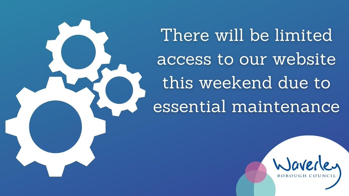 There will be limited access to our website this weekend due to essential maintenance. ⚠️

This includes online payments, the Planning applications website, Waverley Portal (Council Tax) and ModGov (Councillor and meeting information).

We apologise for any inconvenience caused.