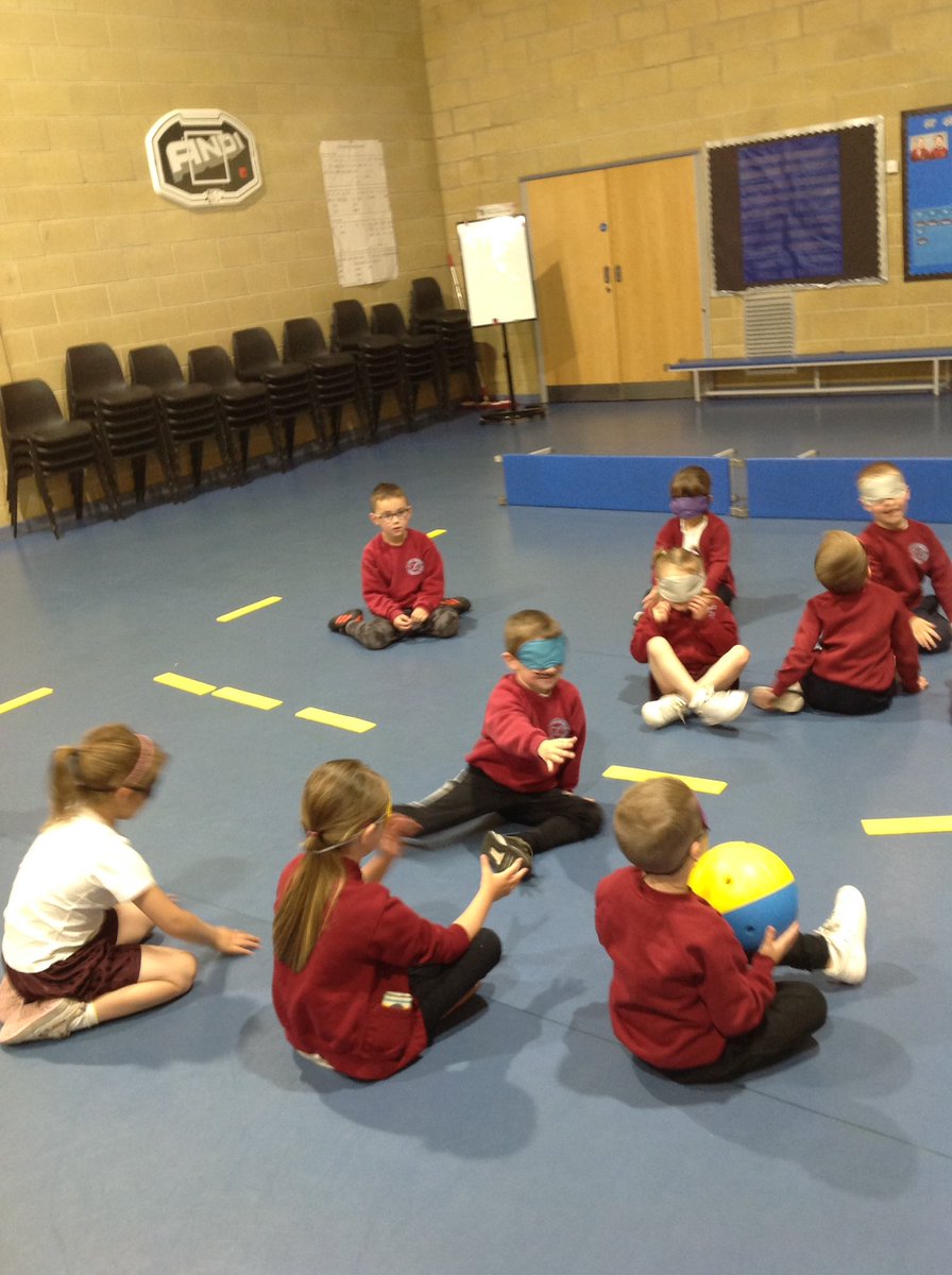 StBedeSacriston's tweet photo. Class 1 have had such fun learning how to play 'Goal ball'. We had to use our ears to hear the ball and sit on our bottoms to move around. Big thanks to Caitlin @DurhamCLS_SSP #DisabilitySports #SportsForAll #BeingInclusive https://t.co/24jn4htCGy
