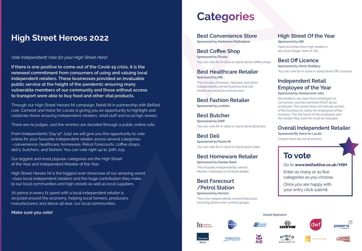 retail_ni's tweet photo. See full details of our High Street Heroes Award categories. Voting begins on 4th July. Thanks to our supporters @BelfastLive @VoiceForLocals @HarbinsonMul @PayPivotal @NIElectricity @DWF_Law @PowerNI @DanskeBank_UK @AIB_NI @hinchdistillery @HoneycombJobs https://t.co/poA6NSdzRe