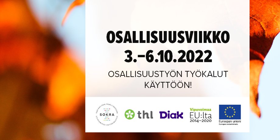 Tervetuloa syksyn osallisuusviikolle tutustumaan osallisuuden edistämisen työkaluihin! Työkalut auttavat sinua osallisuutta edistävän toiminnan suunnittelussa, arvioinnissa ja raportoinnissa.

Ilmoittaudu mukaan 👉thl.fi/fi/ajankohtais…

#osallisuus #osallisuusviikko