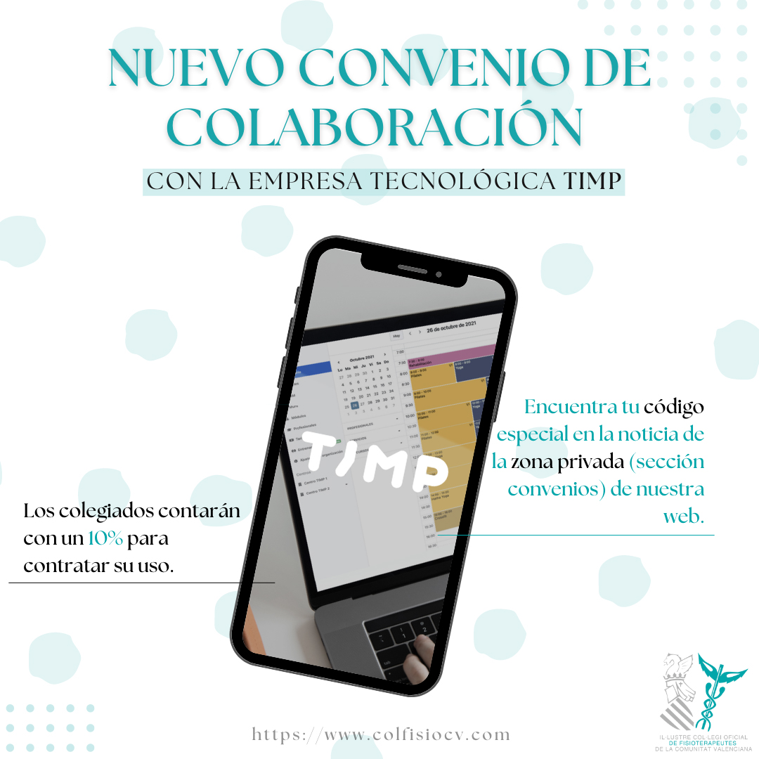 Icofcv's tweet photo. 🤝Nuevo convenio de colaboración con la empresa tecnológica valenciana @timp_pro.

Los colegiados del @Icofcv contarán con descuentos del 10% para contratar el uso de esta plataforma.

Más info: https://t.co/5EMmaDGxqZ

#fisioterapia #gestion #clinica #app #agenda #pacientes https://t.co/BU7lnOsOvN