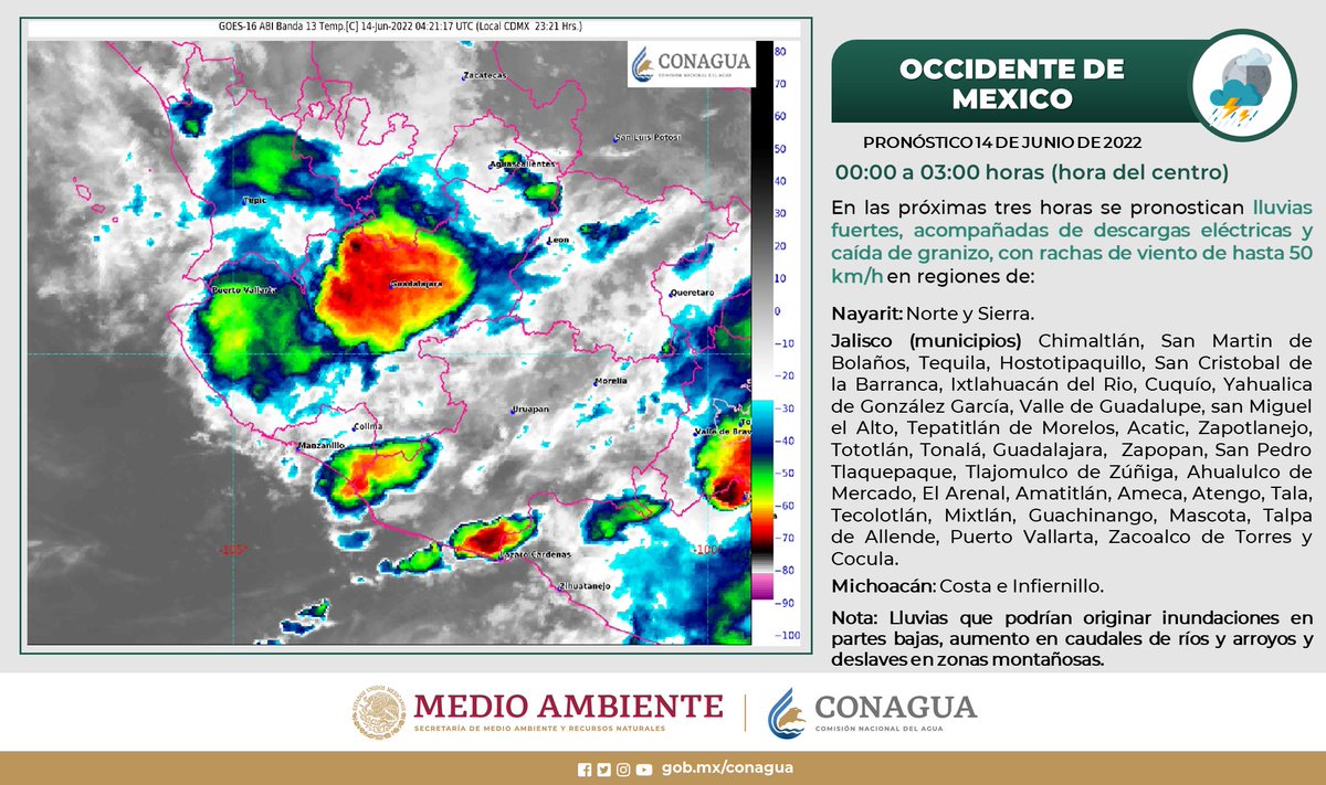 conagua_clima's tweet image. Durante esta noche se esperan #Lluvias fuertes con #DescargasEléctricas #Granizo y #Rachas de viento con probables inundaciones y deslaves en regiones de #Nayarit , #Jalisco y #Michoacan . Más información en las imagen