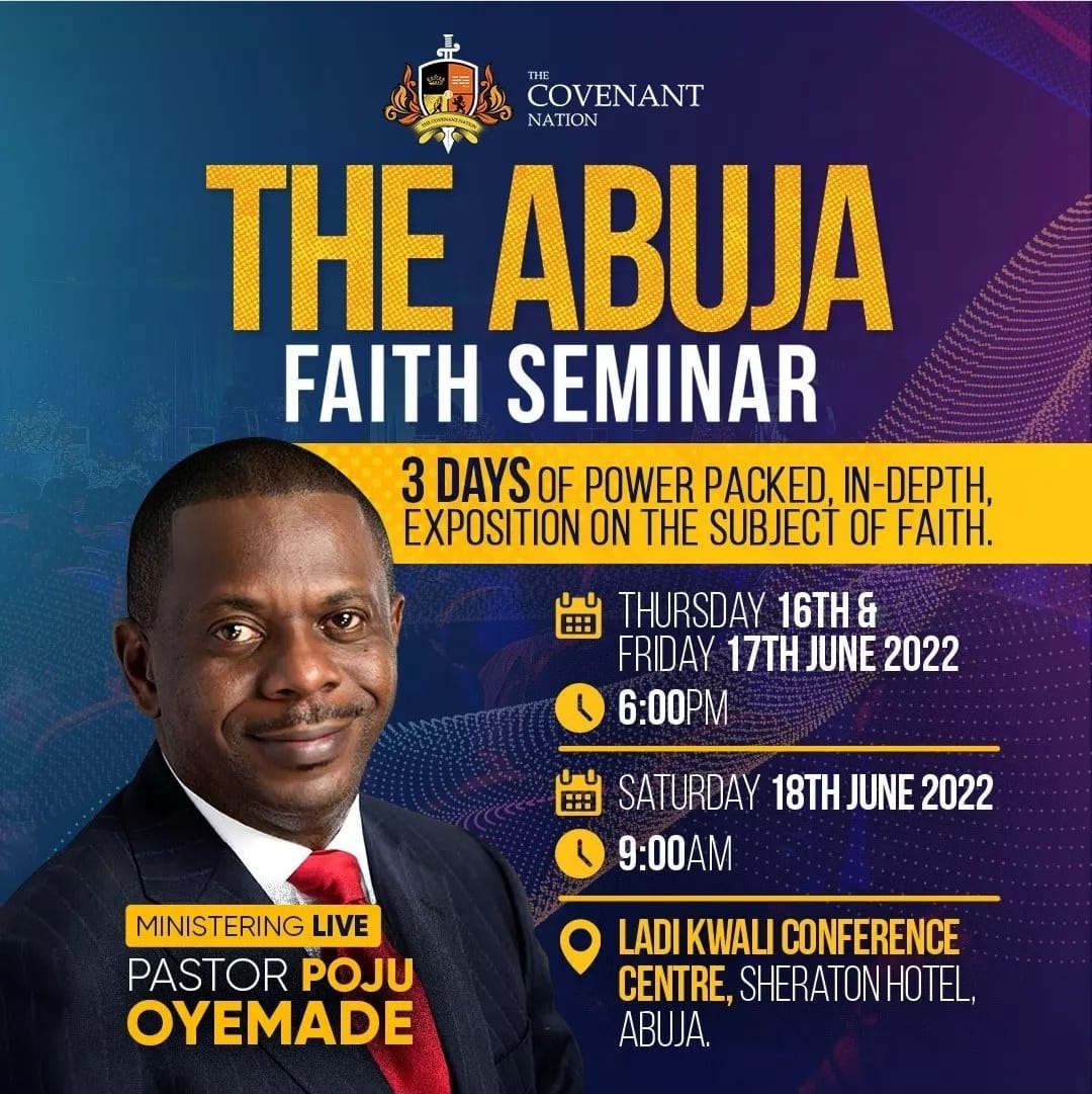 pastorpoju's tweet photo. Join me in Abuja this week, as we hold the Abuja Faith Seminar at The Ladi Kwali Conference Centre Abuja.

Thursday 16th of June 6.00pm
Friday  17th of June 6.00pm
Saturday 18th of June 9.00am 

God bless you as you come. https://t.co/RMK67Qhe7I https://t.co/Ba7DT6IPIy