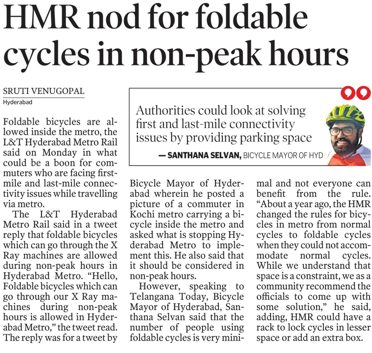 sselvan's tweet photo. Thank you @sruti1290 @TelanganaToday for getting our voices out to the world.

Our real success is when Normal Cycles are allowed inside @md_hmrl @hmrgov @ltmhyd with racks or new boxes.

Other solns:
#BicycleParkings
#PublicBicycleSharing

@KTRTRS @arvindkumar_ias @puvvada_ajay https://t.co/lnJ8E1K4bj