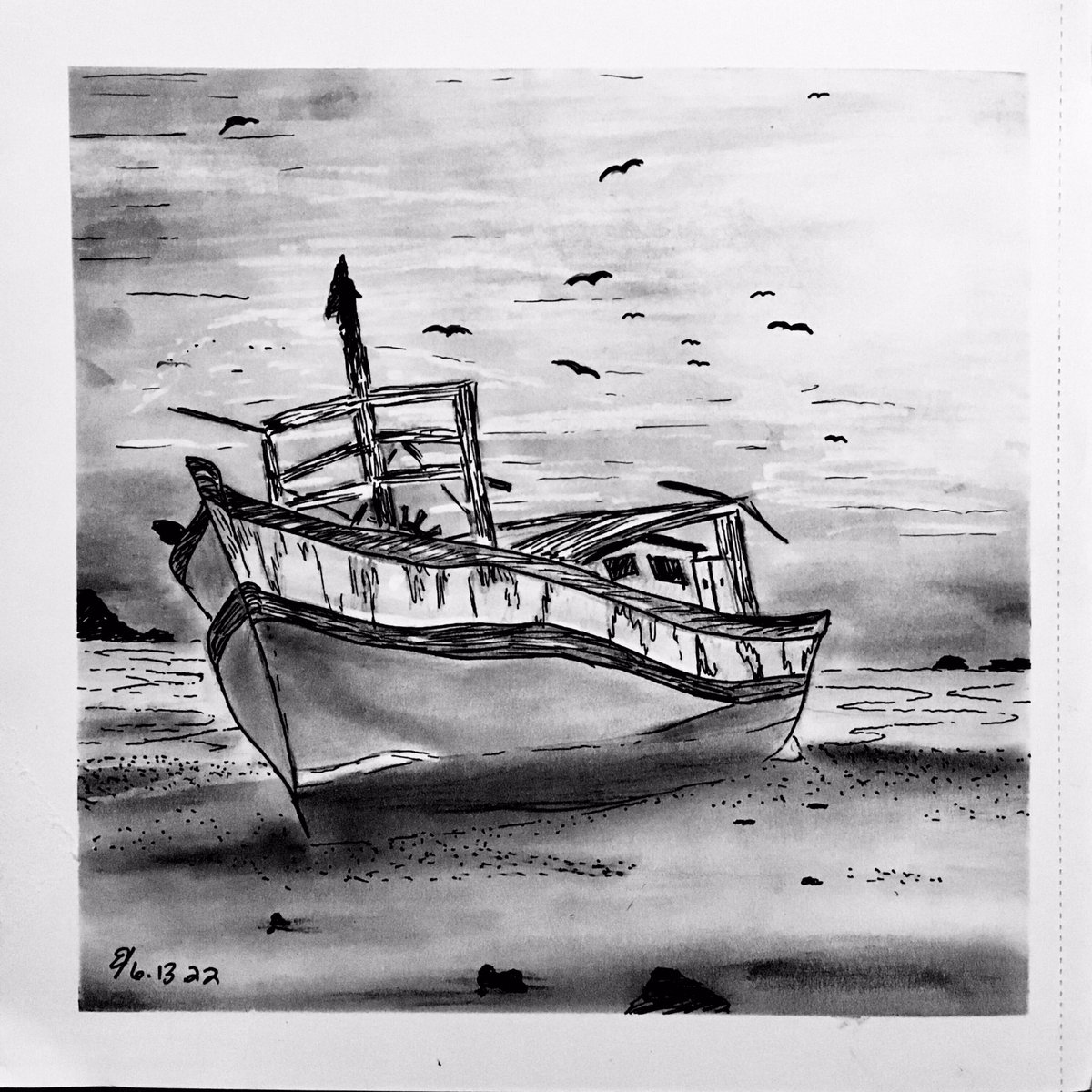 16percentpower2's tweet photo. Day 10…11?Anyway. I love the look of boats, new or old, but I am absolutely overwhelmed and terrified of the ocean, but I like pools. :) #art #ArtistOnTwitter #pencil #charcoal #ink #boat #abandoned #ocean #water #drift #washedashore #spooky #16percentpower #spooky #beach https://t.co/v3HAVewX0C