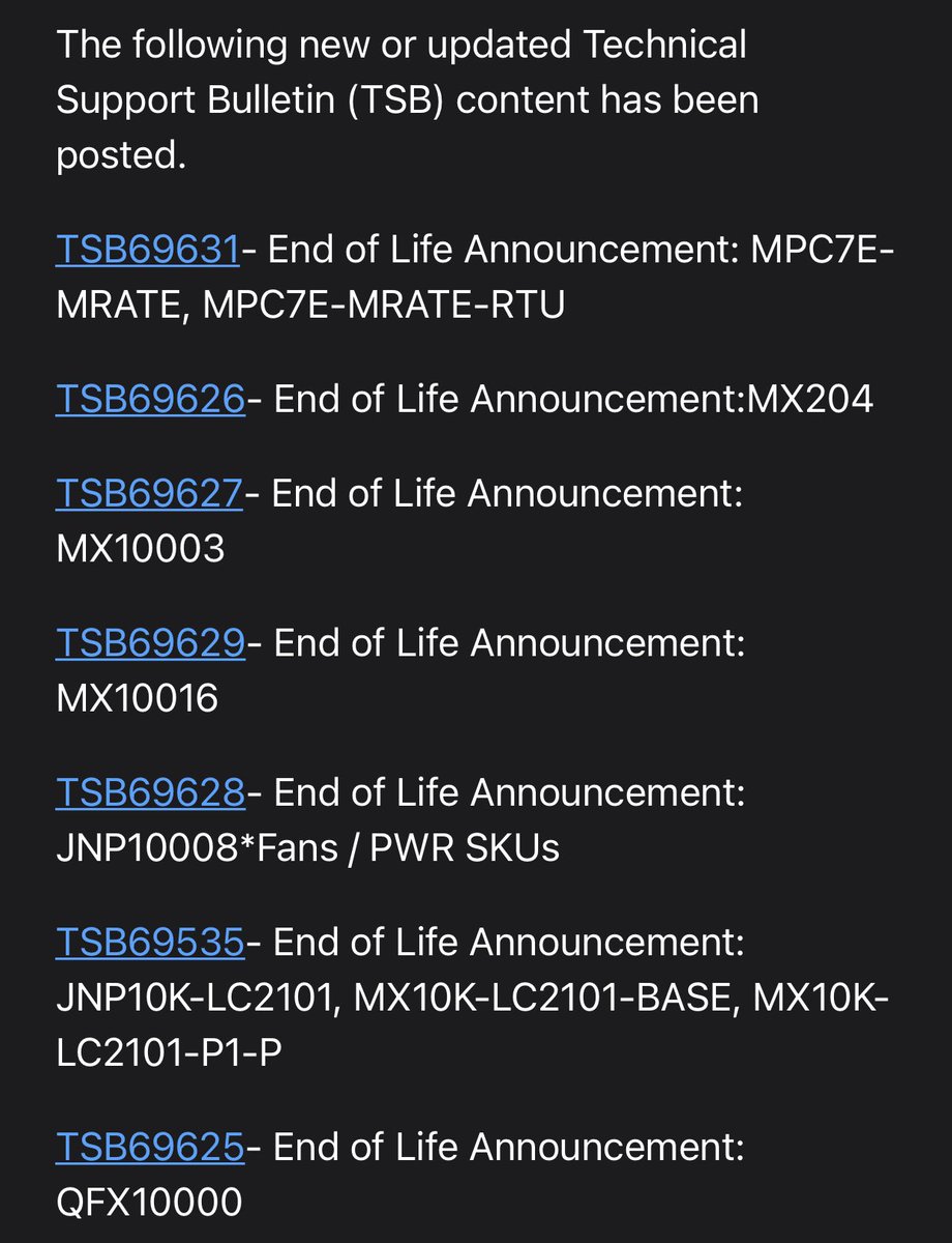 Vincentz_VP's tweet photo. So it‘s official now! @JuniperNetworks EOLs #MX204, #MX10003 and #MPC7MRATE! Platforms with a significant install-base. And by the way: #MX304 and #ACX7100_48L are the proposed replacements. What do you think about this? Whats the impact? #bgp #backbone #network #internet #dfz https://t.co/KcKvYQZTIE
