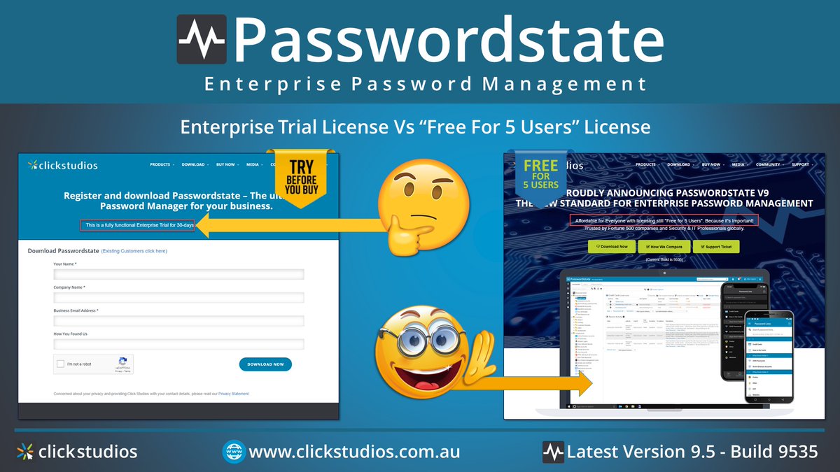 click_studios's tweet photo. We provide a fully functional Trial of #passwordstate for 30 days. Use it to test our software and the trial can be extended if required. Only need 5 licenses? Simply request a "Free for 5 Users" license to continue using the software. To download go to https://t.co/3MUStdVymB https://t.co/s6ShvI29ao