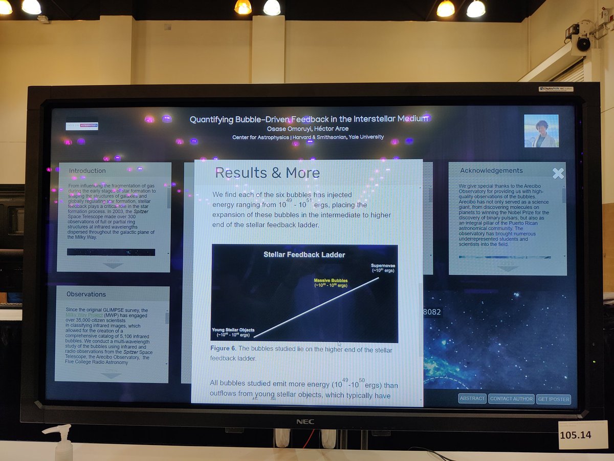 Osase Omoryui a graduate student from Yale, has a great poster about quantifying bubble driven feedback in the ISM. They find bubbles can fall in the intermediate to higher end of the stellar feedback ladder. I'm looking forward to her future work. #AAS240 #LoebmanLab