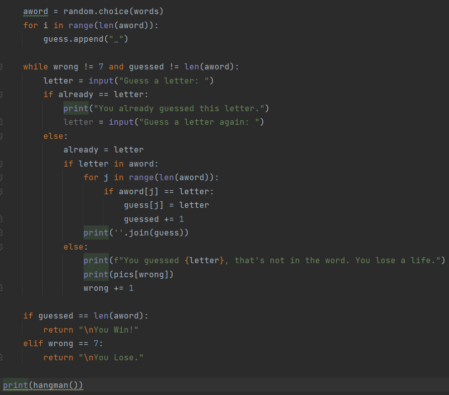 BinteBabul's tweet photo. Day7 of #100DaysOfCode, Dr.@yu_angela 's "100 days of code:."
The 7th project was making the Hangman game. It tested a lot of concepts. I created a separate .py file that had words and ASCII art for hangman and imported them to the main .py file.
How did it go? 
Took me some time https://t.co/prHV7tGgdz