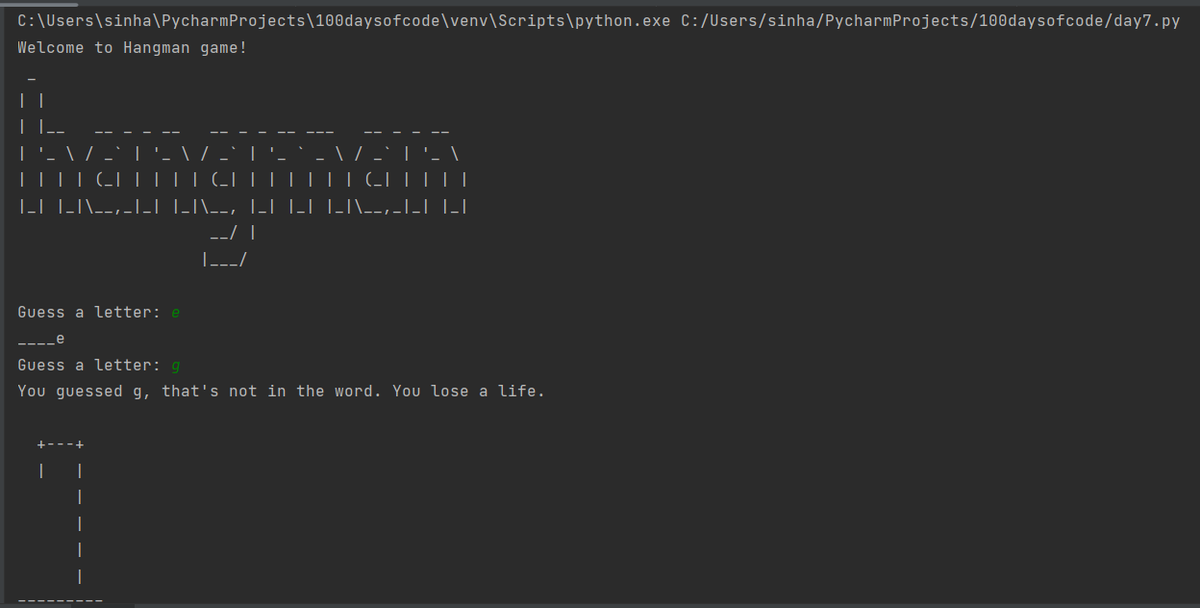 BinteBabul's tweet photo. Day7 of #100DaysOfCode, Dr.@yu_angela 's "100 days of code:."
The 7th project was making the Hangman game. It tested a lot of concepts. I created a separate .py file that had words and ASCII art for hangman and imported them to the main .py file.
How did it go? 
Took me some time https://t.co/prHV7tGgdz