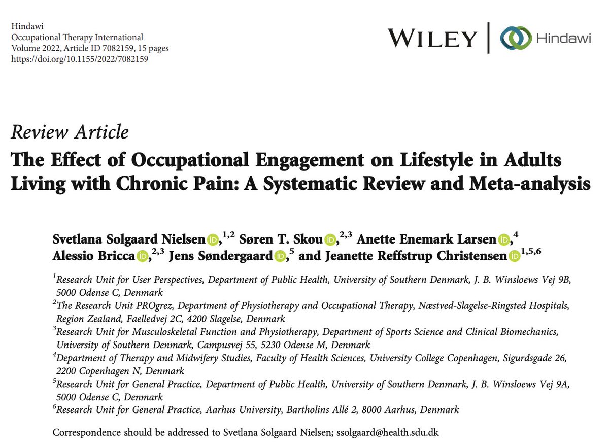 Including occupational engagement in chronic pain
interventions may increase #PhysicalActivity and #sleep quality.

Well done <a href="/NielsenSolgaard/">Svetlana Solgaard Nielsen</a> 👏 

doi.org/10.1155/2022/7…