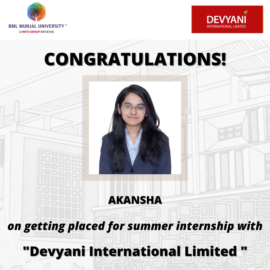 PlaceComm_BMU's tweet photo. Our sincere gratitude to Devyani International Limited for giving our student the opportunity to showcase her abilities and talents.

We congratulate and wish her all the best for her summers.

#HEROSOFTODAY #BMU #Placements #PlaceCom #BMUkiAwaz #BMUtalks #BMLMunjalUniversity https://t.co/dOM1NxEISV