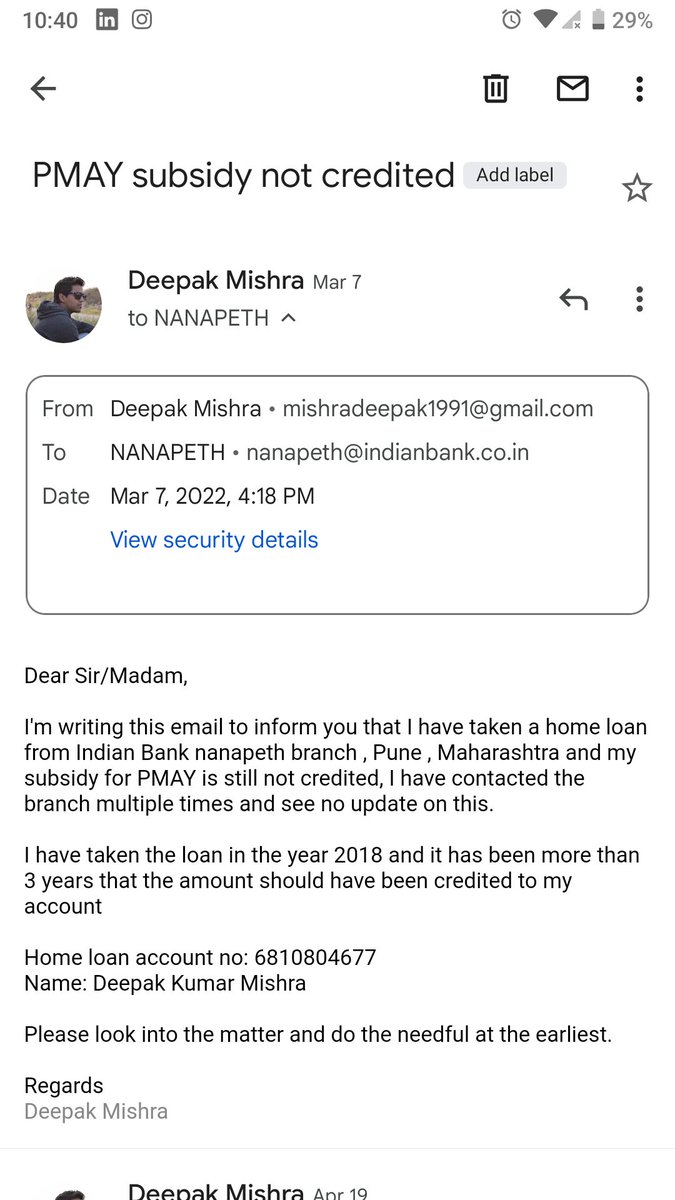 deepakmishra199's tweet photo. Its been 4 years i have taken loan from Indian Bank nanapeth branch in pune and have not received any update on my #PMAY subsidy. I have chased the branch,  zonal office for enquiring same but i don't receive any update.@PMOIndia @HUDgov @FinMinIndia @MyIndianBank https://t.co/CcpRTtfNX3