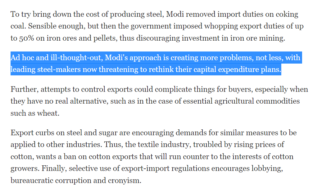 _ffresho's tweet photo. "Whimsical export bans on steel, sugar and wheat, or for that matter any merchandise, will make India an unreliable supplier and that in turn, will ruin its export prospects with adverse implications for the growth of gross domestic product." https://t.co/5VRsvDqlNu