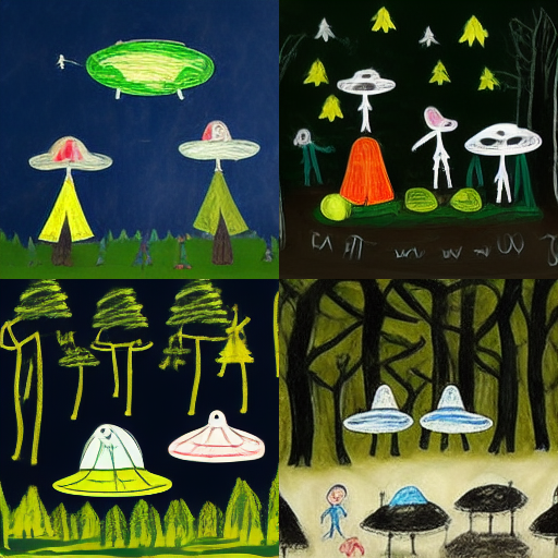 MickWest's tweet photo. I asked an AI to draw "a child's drawing of a flying saucers in the woods with two aliens and some children" https://t.co/ErW7NtPtXL