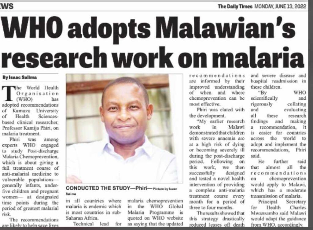 We continue to applaud the work done by Prof <a href="/kamija_phiri/">Kamija Phiri</a>, his collaborators and the entire research team for achieving this landmark in preventive treatment for malaria. #PoweredByTRUE