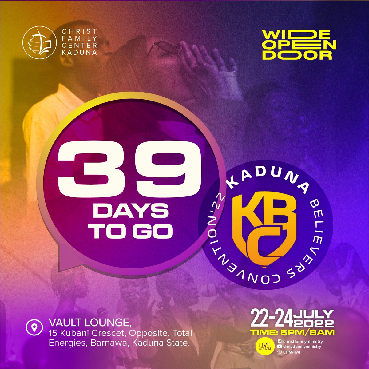 CFC_Kaduna's tweet image. Do you want to be a Kingdom influencer and see your life experience great growth and height? Then, this conference is for you! The Kaduna Believers Convention is 39 days away!

We look forward to hosting you.

#40DaysPrayerandFasting
#CFCKaduna
#KadunaBelieversConvention