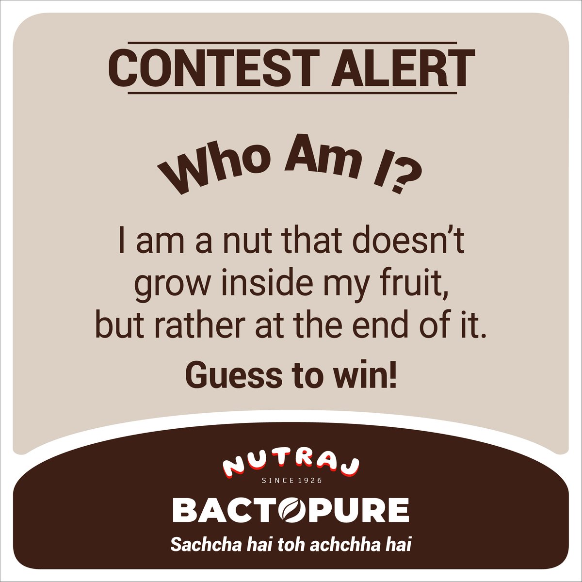 NutrajIndia's tweet photo. Test your nutty knowledge and ''Guess the nut'' to win an exciting prize from Nutraj Bactopure.
1. Follow @NutrajIndia
2. Share your correct answer in the comment section using #nutrajbactopure #bactopure
3. Tag your 3 friends & share the contest on your wall.
T&C apply.
#Contest https://t.co/jfn0TeCgO4